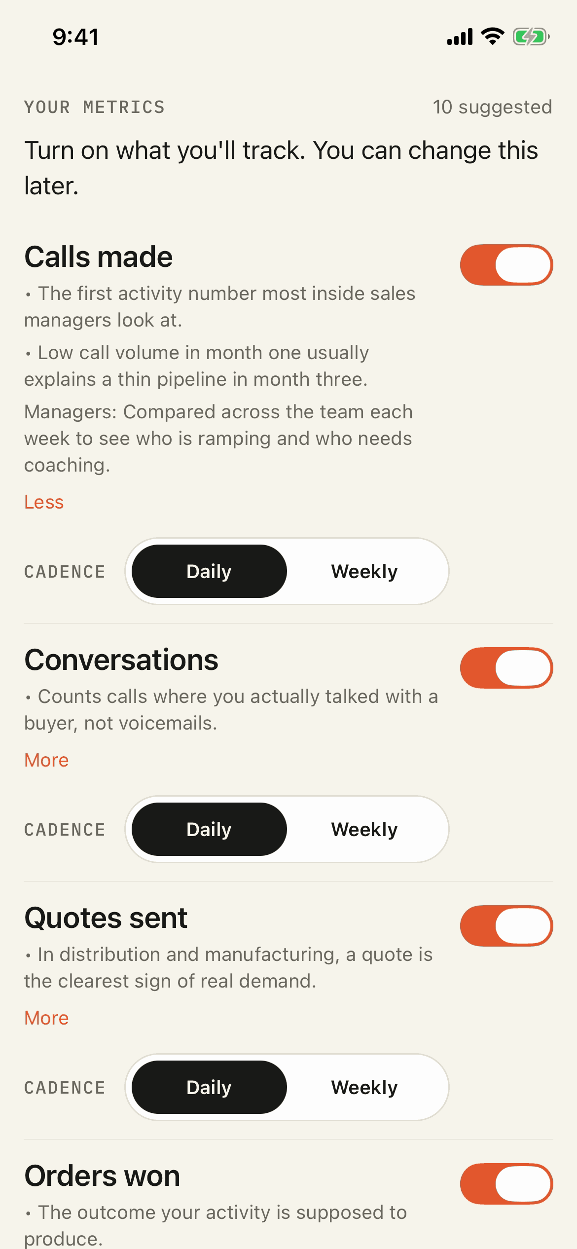 Your metrics, 10 suggested. Calls made is on, daily, with two reasons it matters and a note on how managers compare it across the team. Conversations and Quotes sent are on below it.